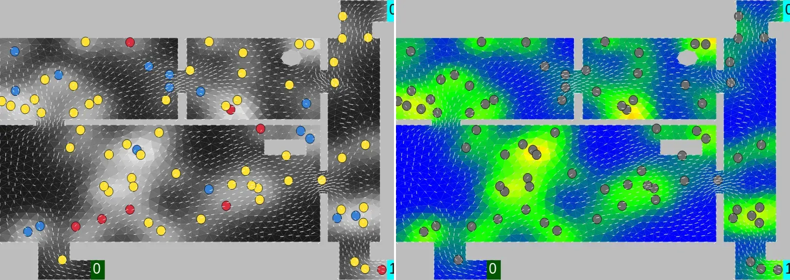 Einfärbung der Agenten je nach SIR-Modus auf monochromer Dichtedarstellung (links) oder einfarbige Agentenauf Dichteverteilung mit Farbpalette